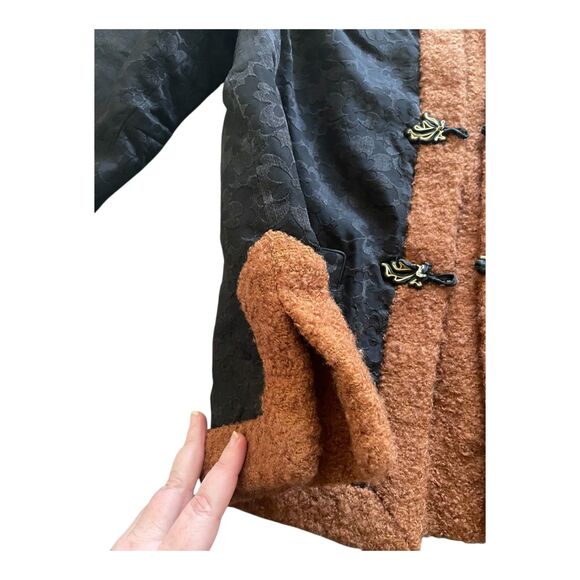 Vintage Handmade Black Jacquard Tang Style Jacket Sherpa Lining Frog Closure S/M - Picture 5 of 11